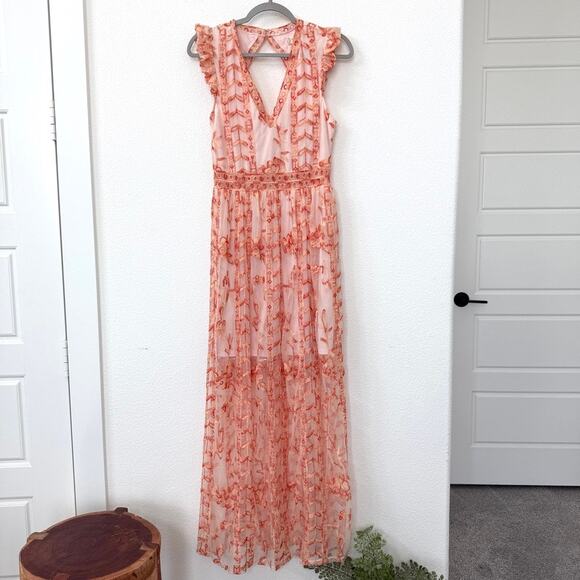 Altar'd State Dresses & Skirts - Altard State Maxi Dress Embroidered Sheer Feminine Flutter Fairy Sleeve Boho M